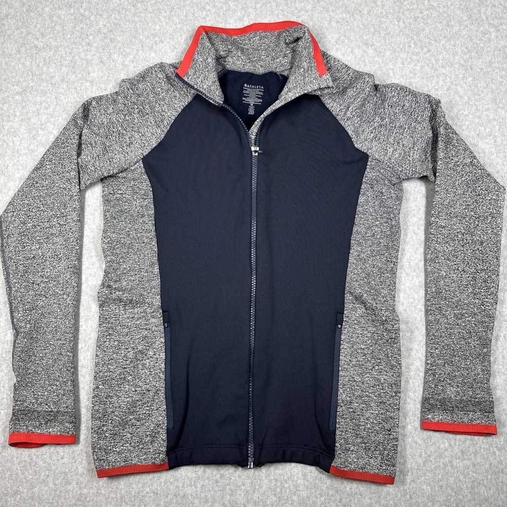 Athleta Full Zip Jacket Women's M Navy Grey Red Activewear Thumb Hole Sleeve